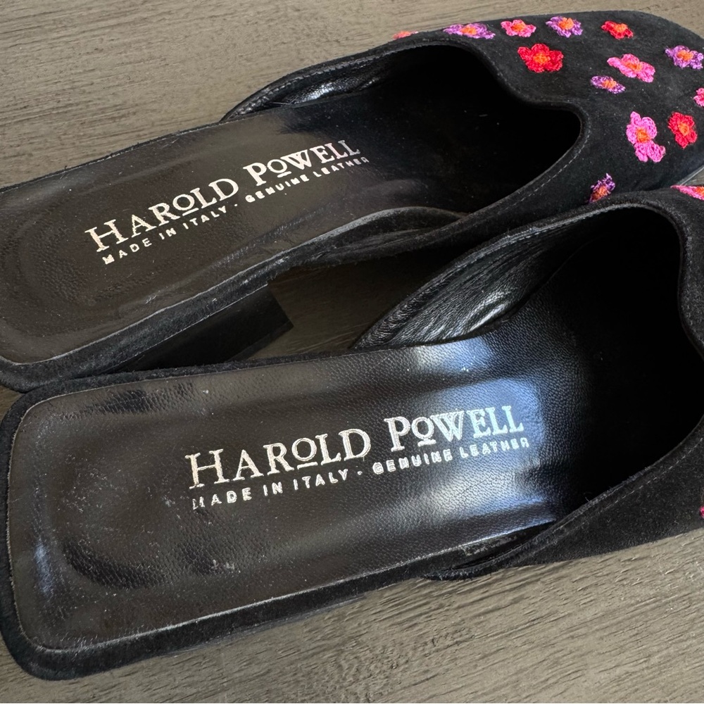 Vintage Embroidered Kitten Heels Mules Harold Powell Leather Suede Block Heels - Picture 7 of 12
